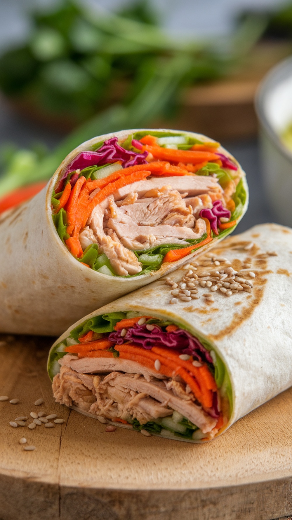Honey Mustard Shredded Chicken Wraps with fresh vegetables