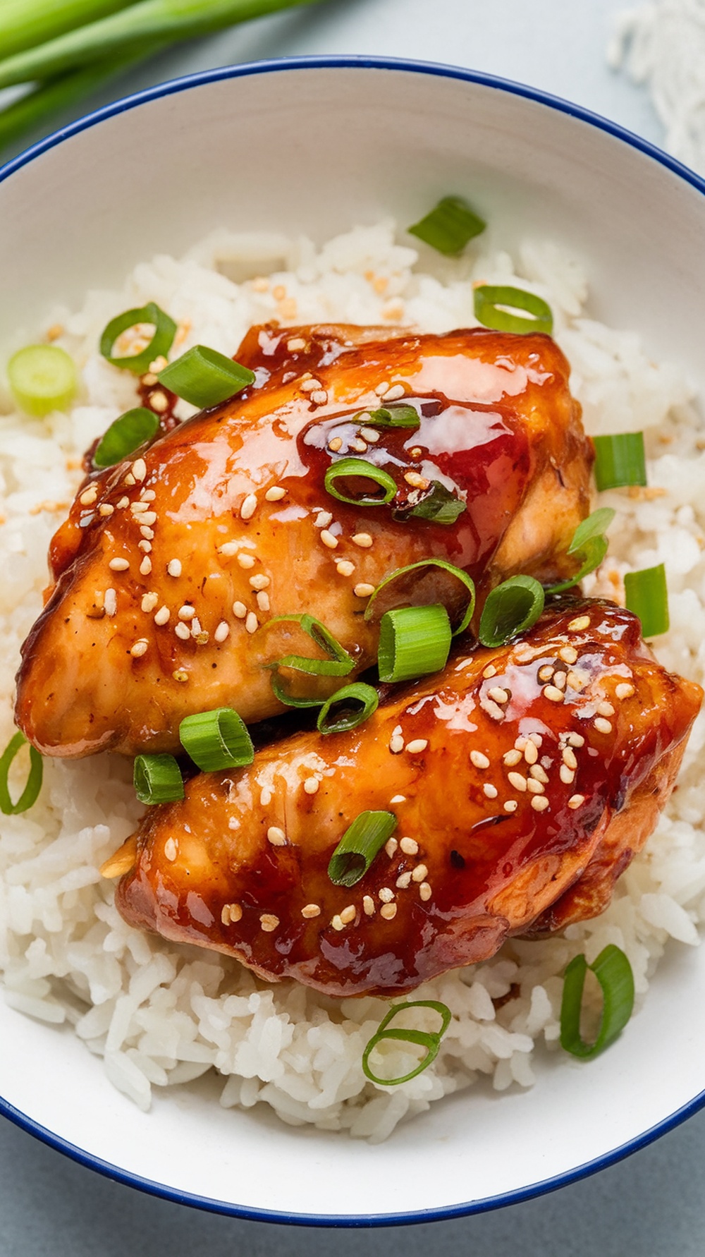 A delicious bowl of honey soy glazed chicken served over rice, topped with green onions and sesame seeds.