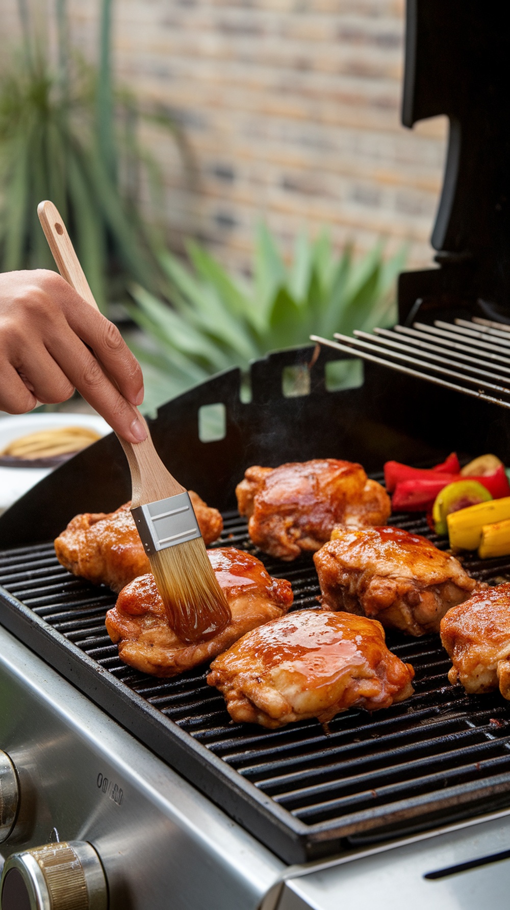 Honey soy glazed chicken thighs being brushed with glaze on the grill.
