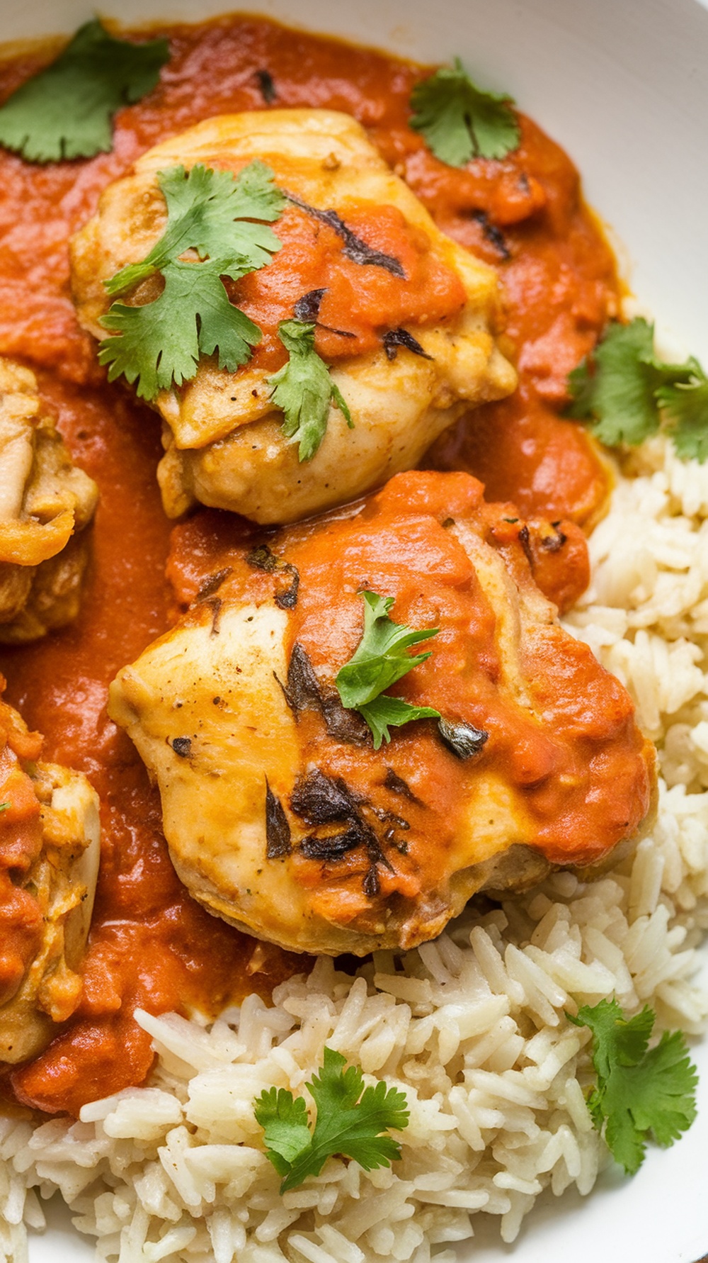 A bowl of Indian Butter Chicken Thighs served with rice and garnished with cilantro.