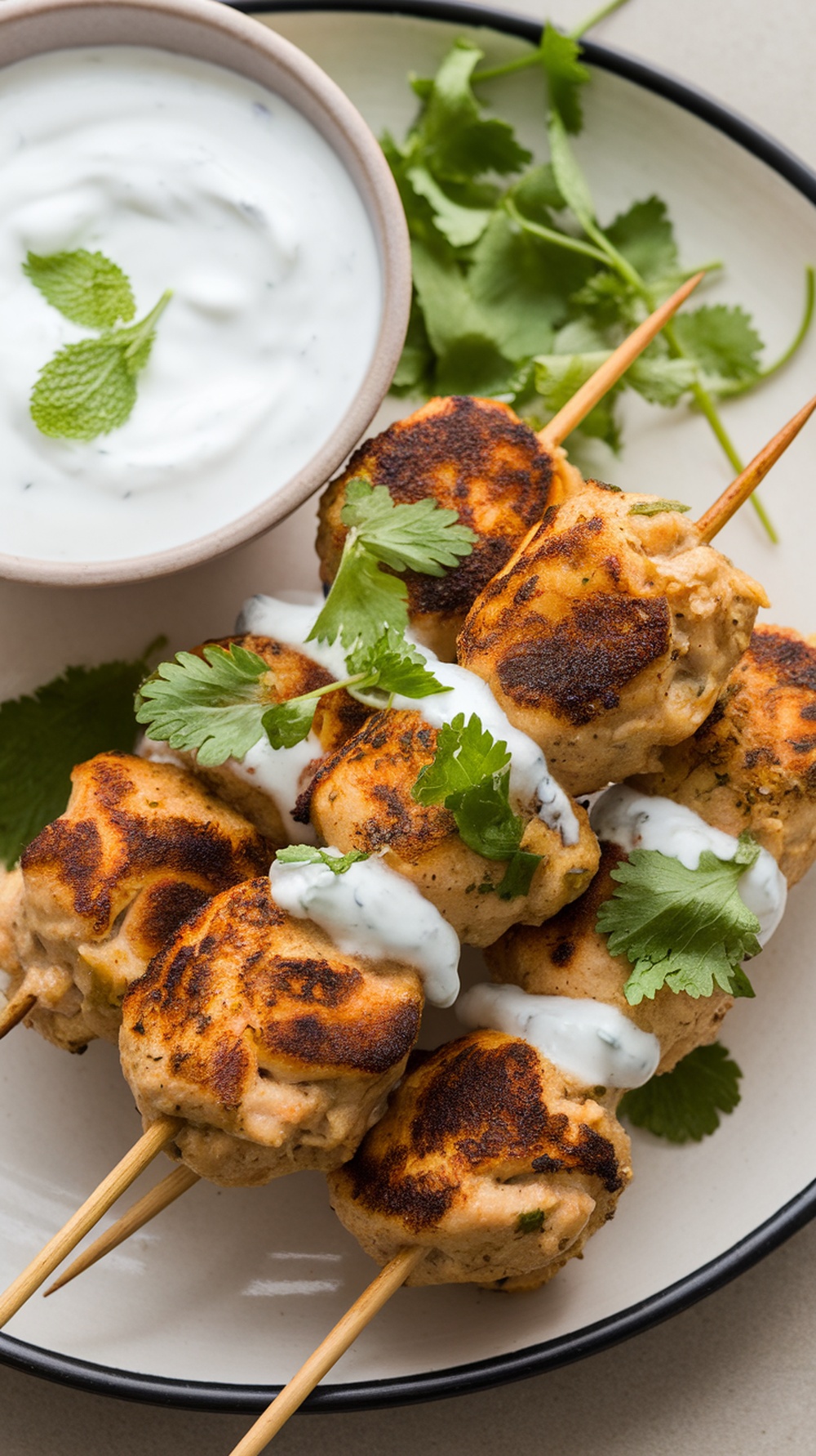 Delicious Indian Spiced Chicken Kofta served with yogurt sauce and garnished with cilantro.