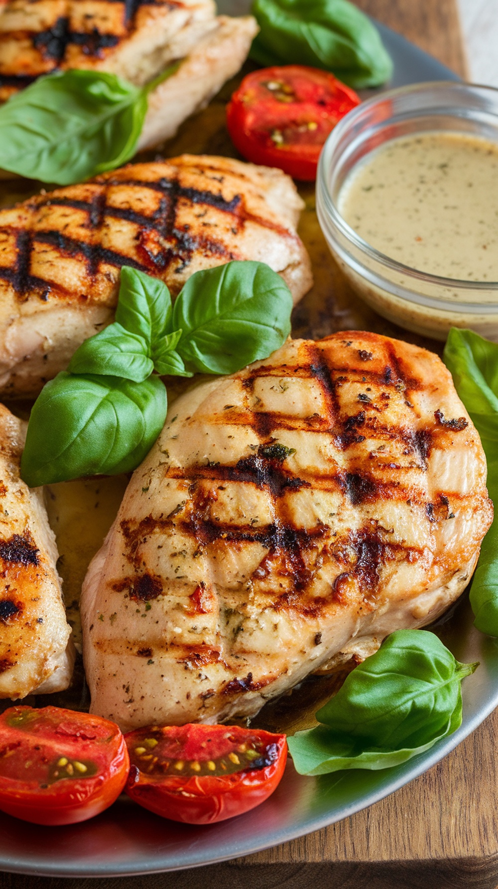 Grilled chicken breasts with herbs and tomatoes
