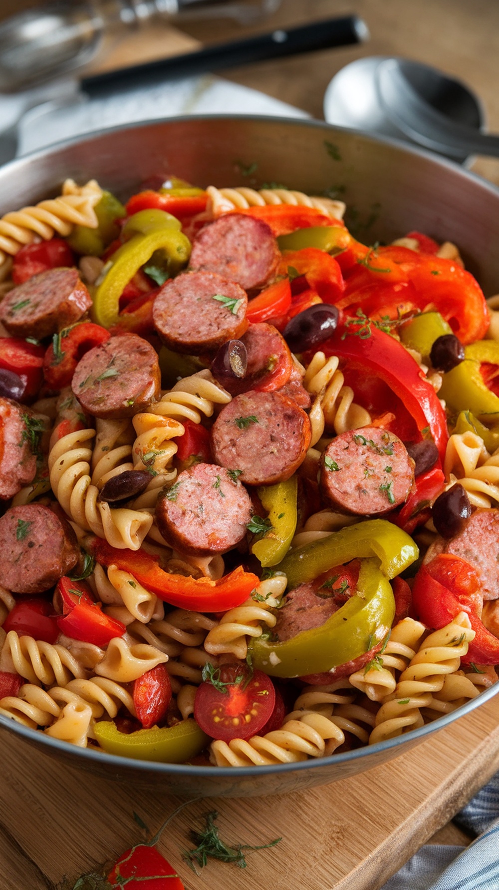 A colorful bowl of Italian sausage and peppers pasta salad with rotini pasta, bell peppers, sausage slices, and cherry tomatoes.