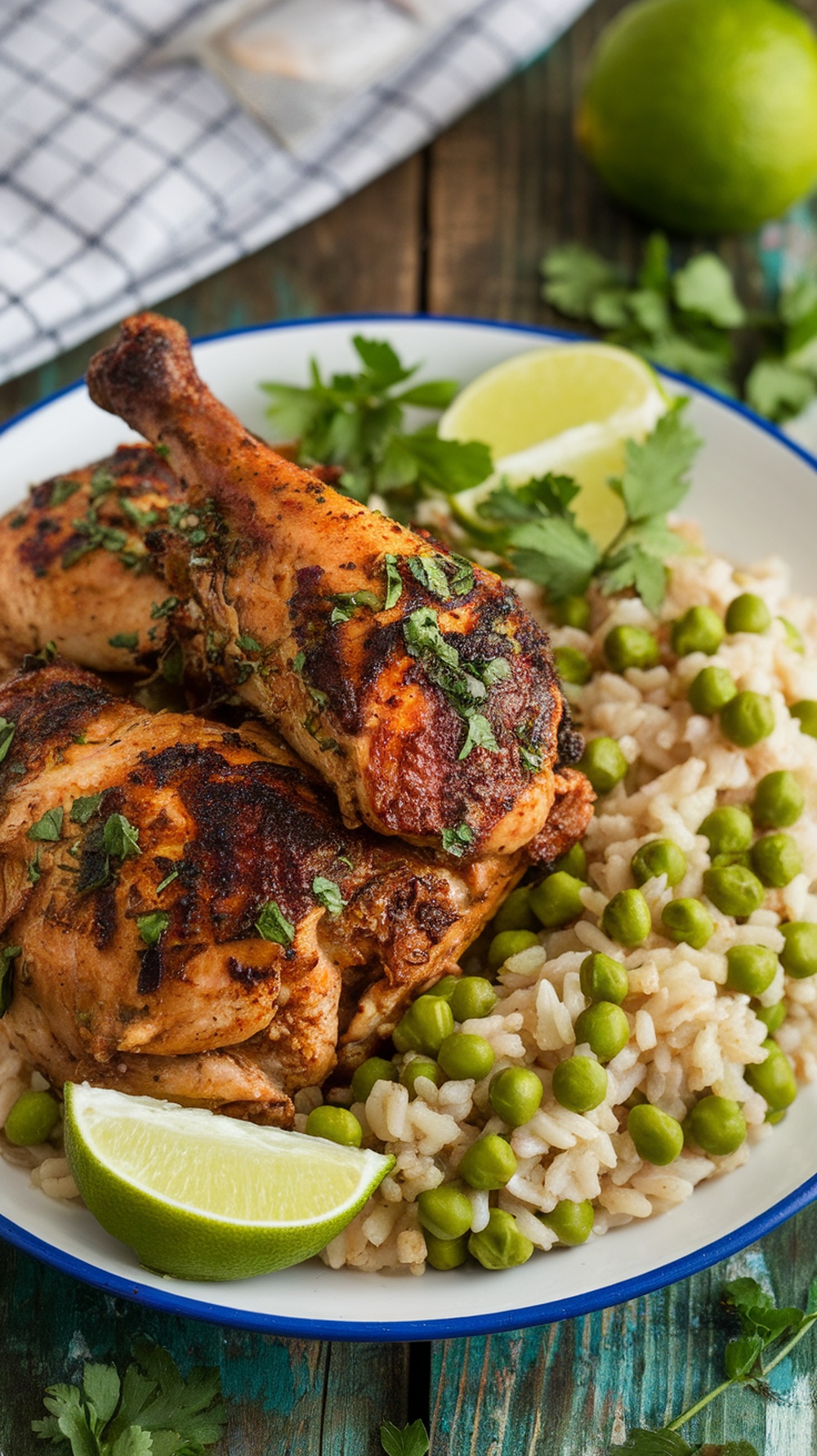 A plate of Jamaican jerk chicken served with rice and green peas, garnished with lime wedges and cilantro.