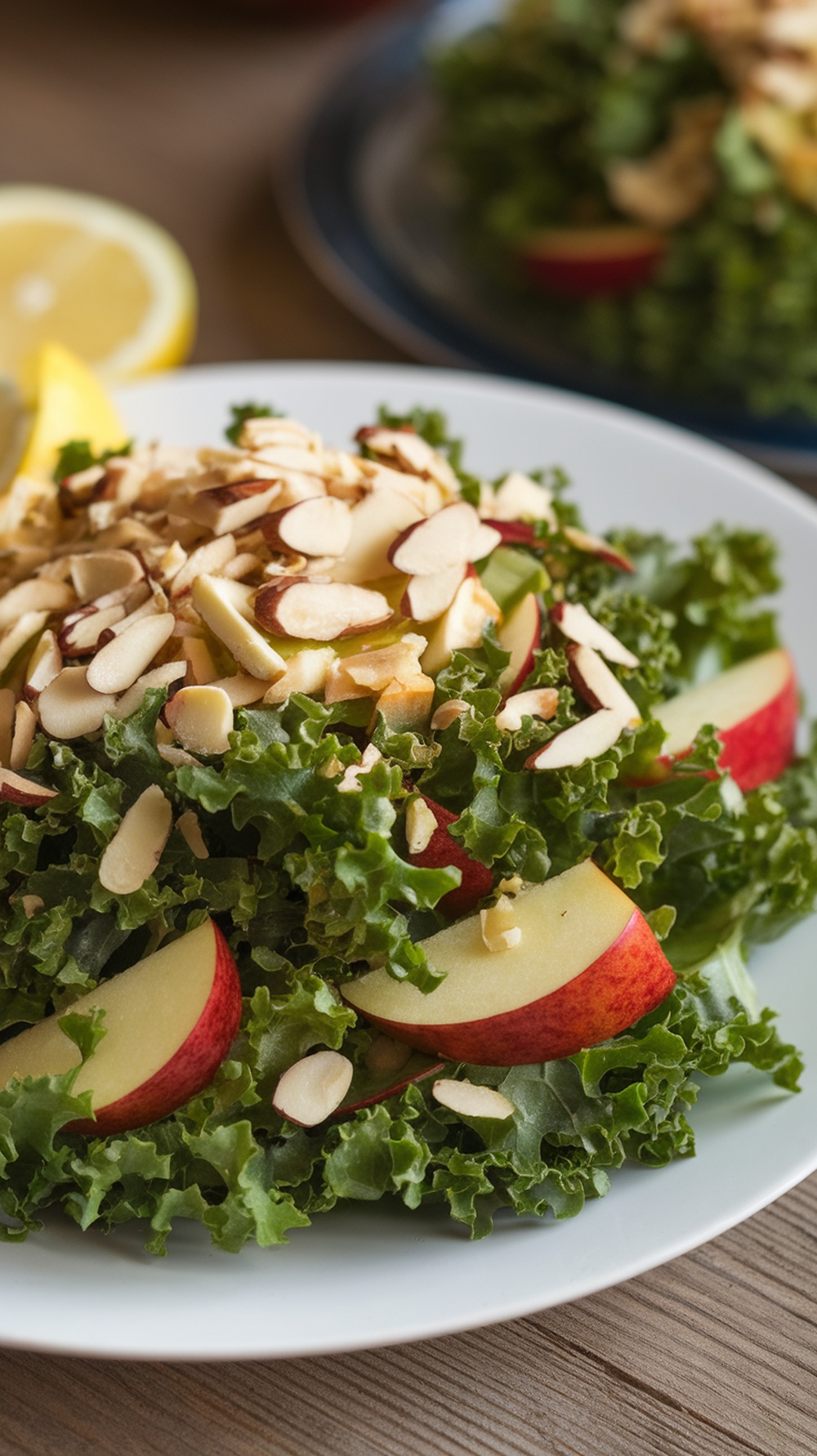 A vibrant kale salad with apple slices and almonds.