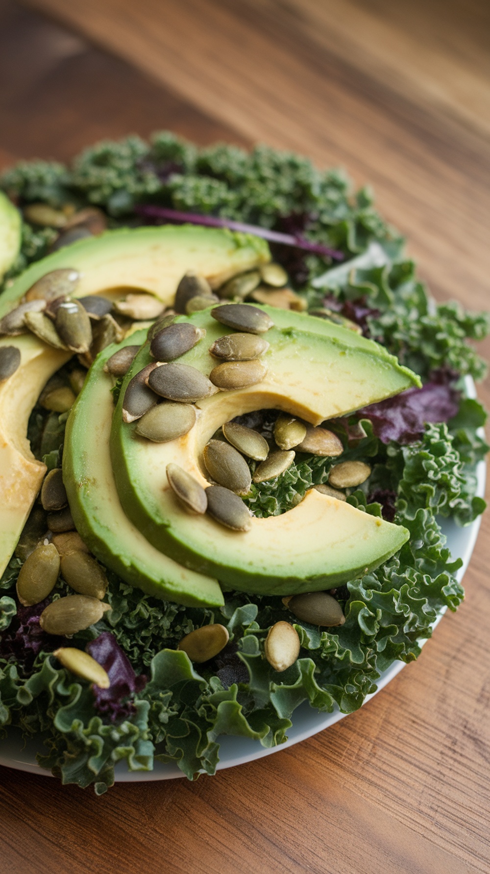 A vibrant kale salad with avocado slices and pumpkin seeds