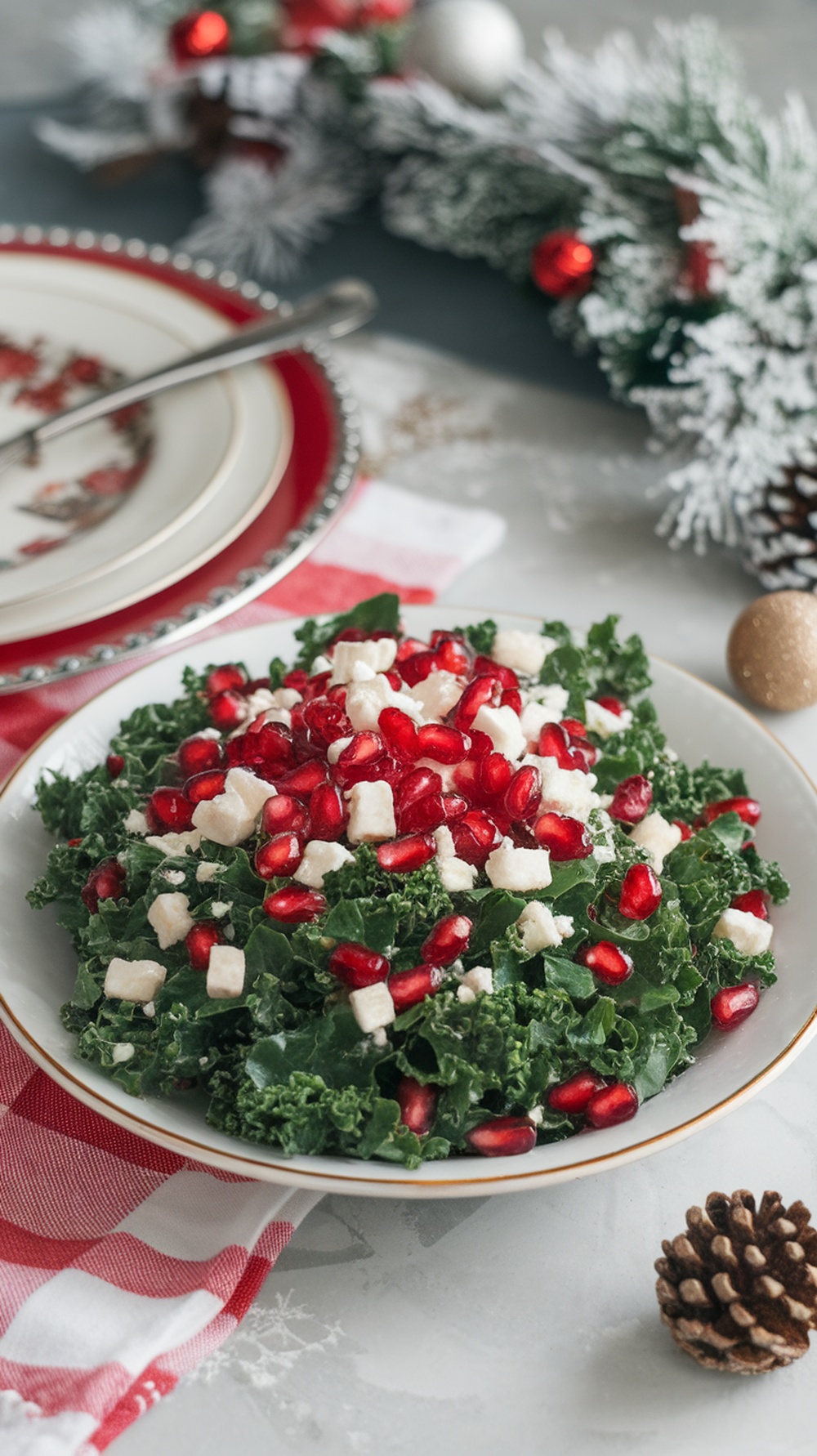 A vibrant kale salad topped with pomegranate seeds and feta cheese.