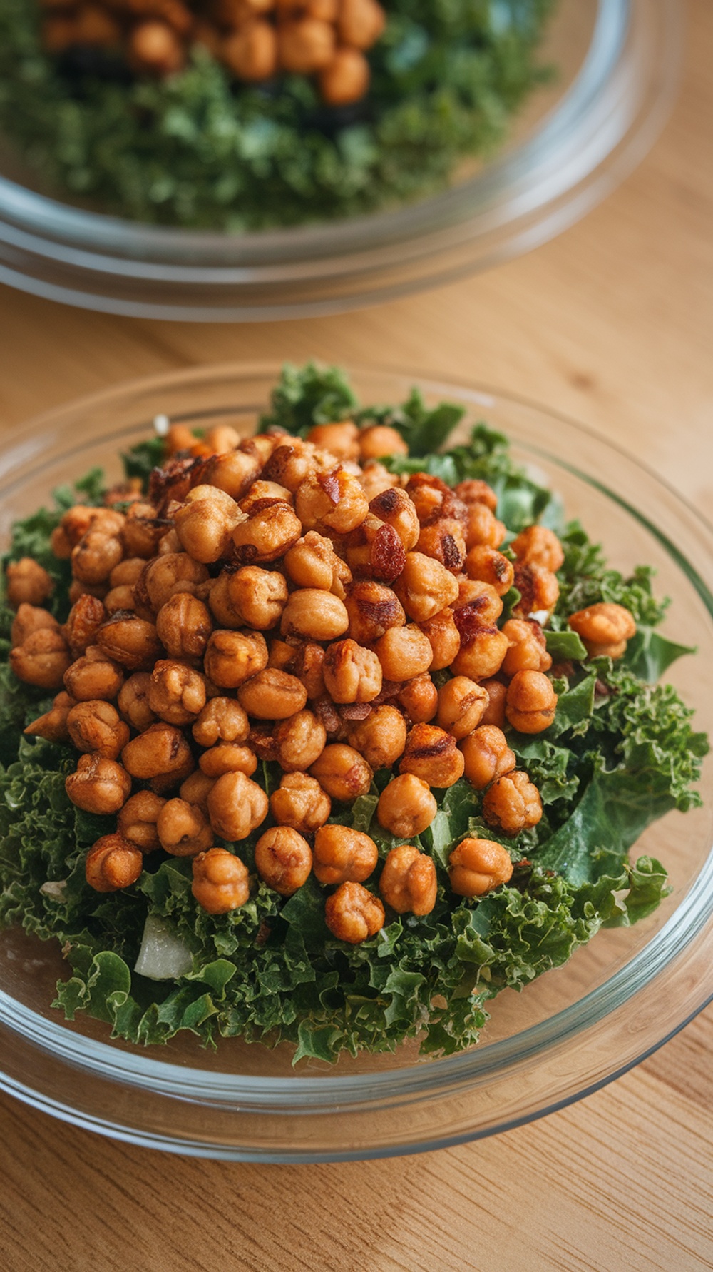 A delicious kale salad topped with roasted garbanzo beans.