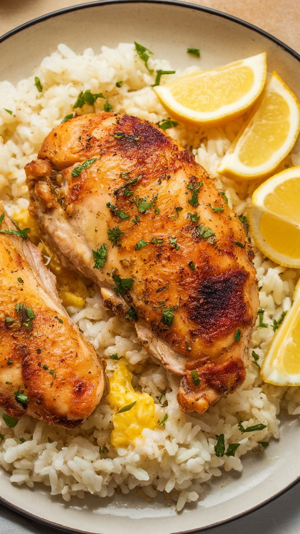 A plate of Lemon Garlic Butter Chicken with Rice garnished with lemon slices and parsley.