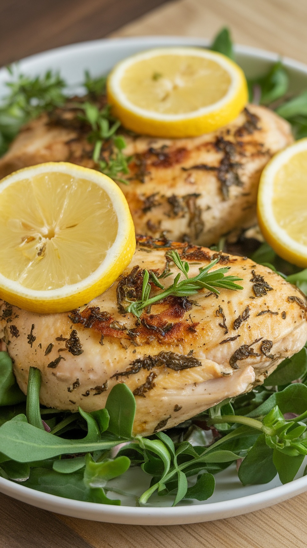 Plate of lemon herb chicken garnished with lemon slices and fresh herbs.