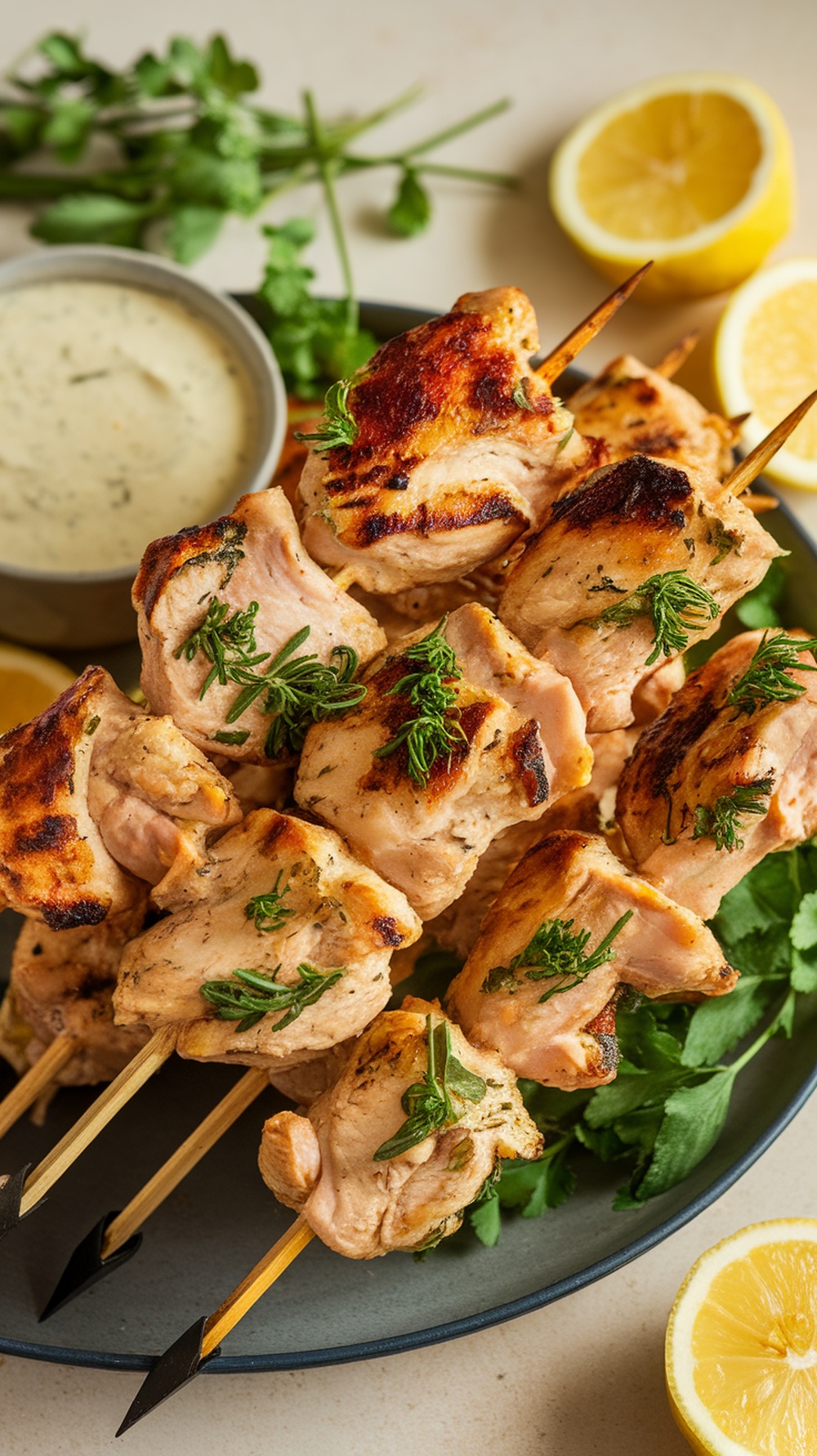 Lemon Herb Chicken Skewers served on a plate with herbs and lemon slices