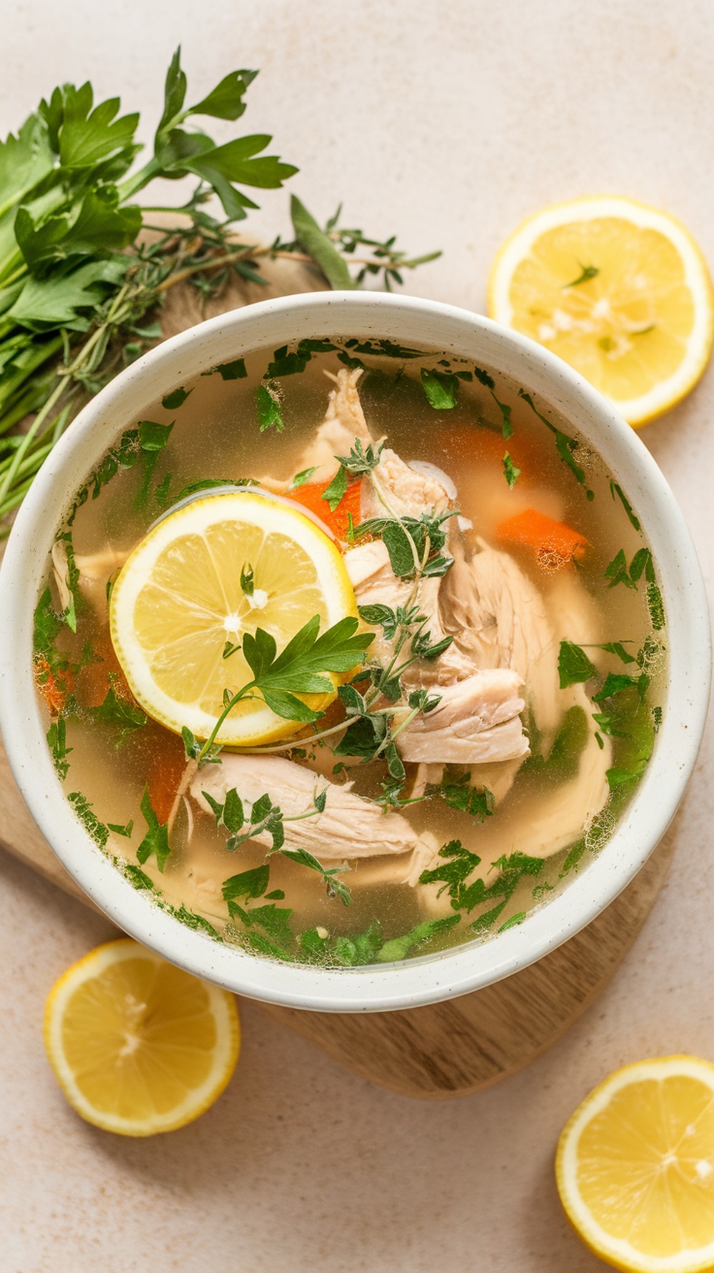 A bowl of lemon herb chicken soup with herbs and lemon slices