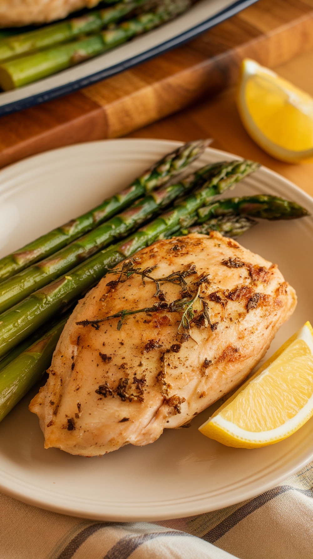 A plate of lemon herb chicken served with asparagus and lemon wedges.