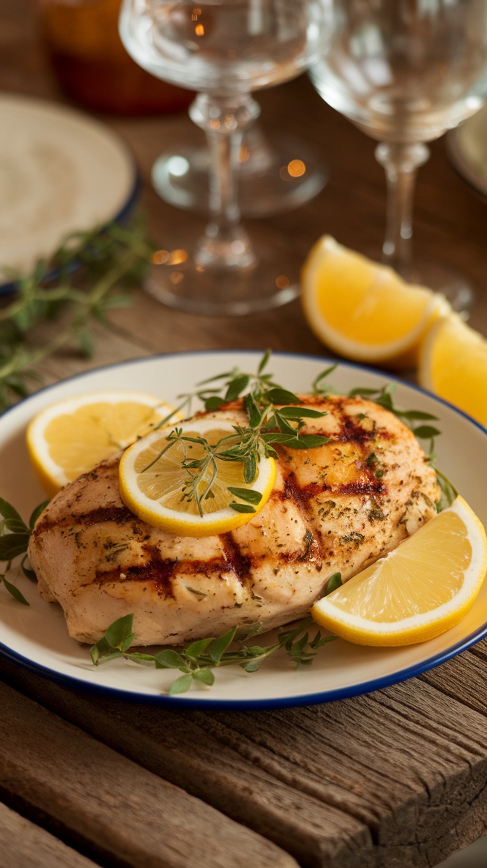 Grilled chicken breast garnished with lemon slices and herbs