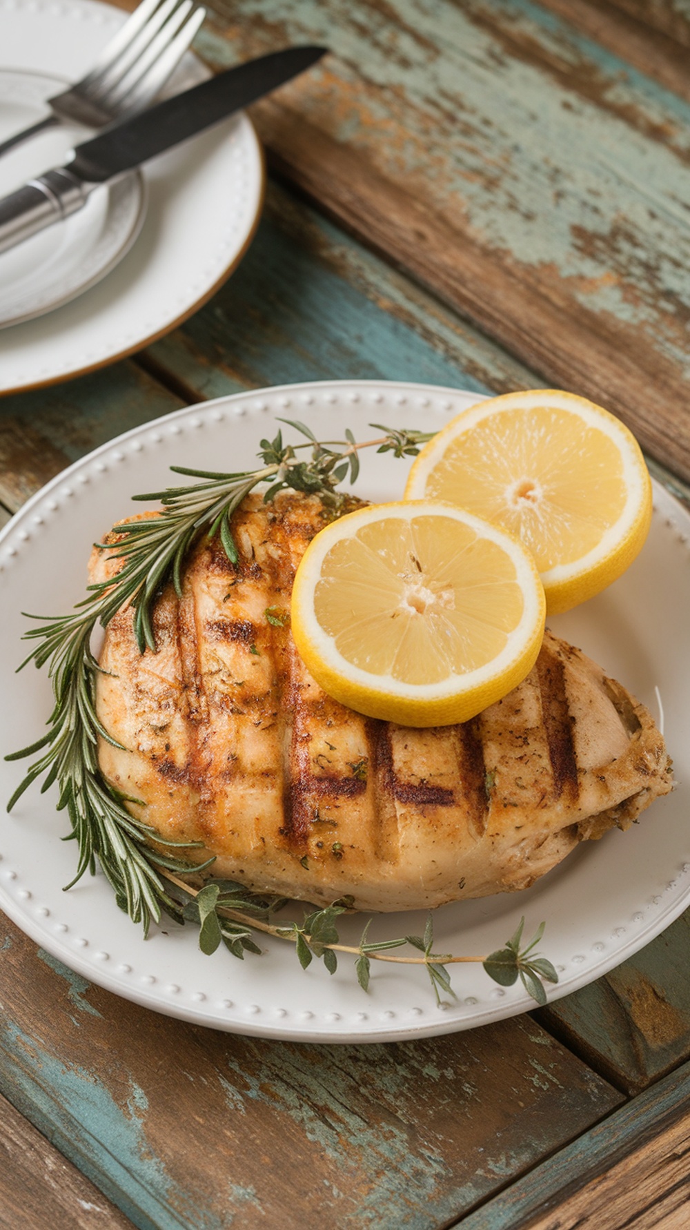 Lemon Herb Grilled Chicken with herbs and lemon slices