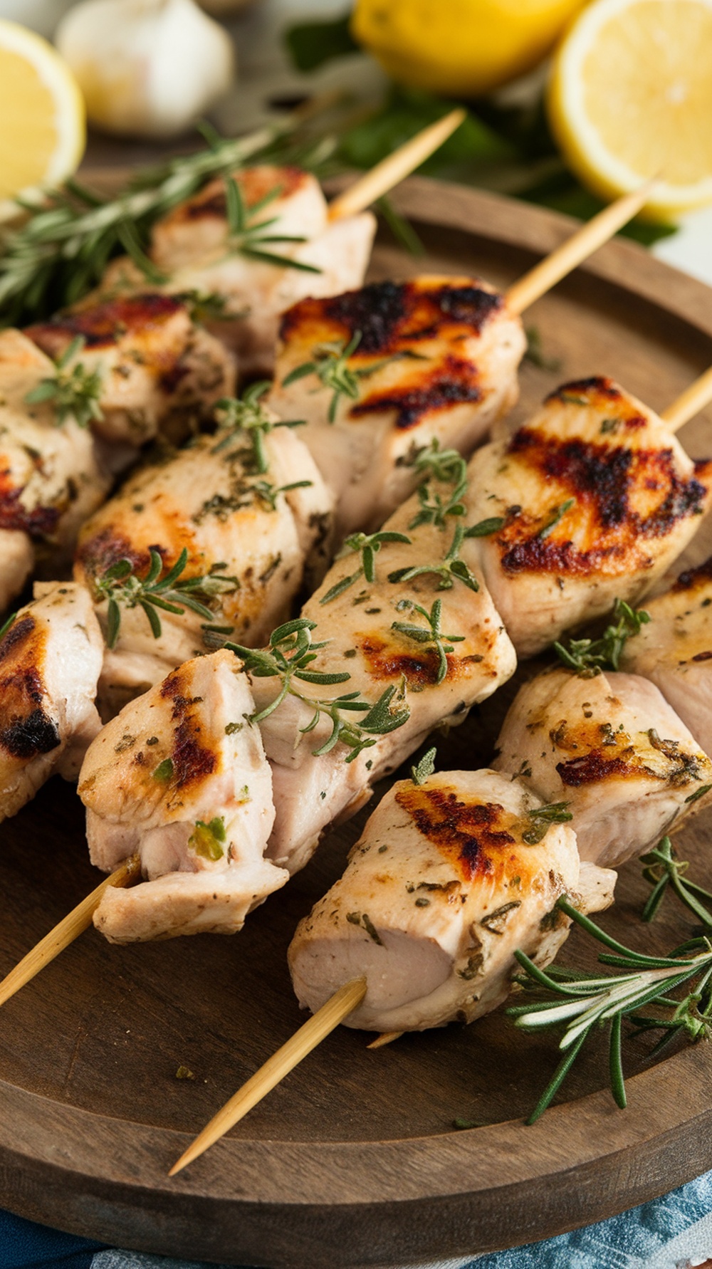 Lemon Herb Grilled Chicken Skewers served on a wooden platter