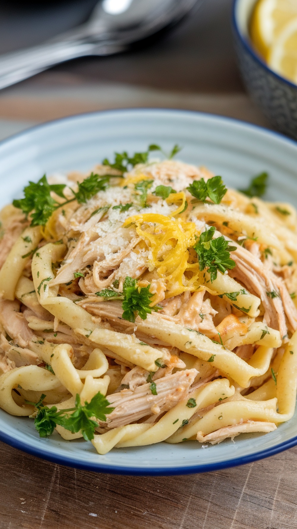 A plate of lemon herb shredded chicken pasta topped with parsley and lemon zest.