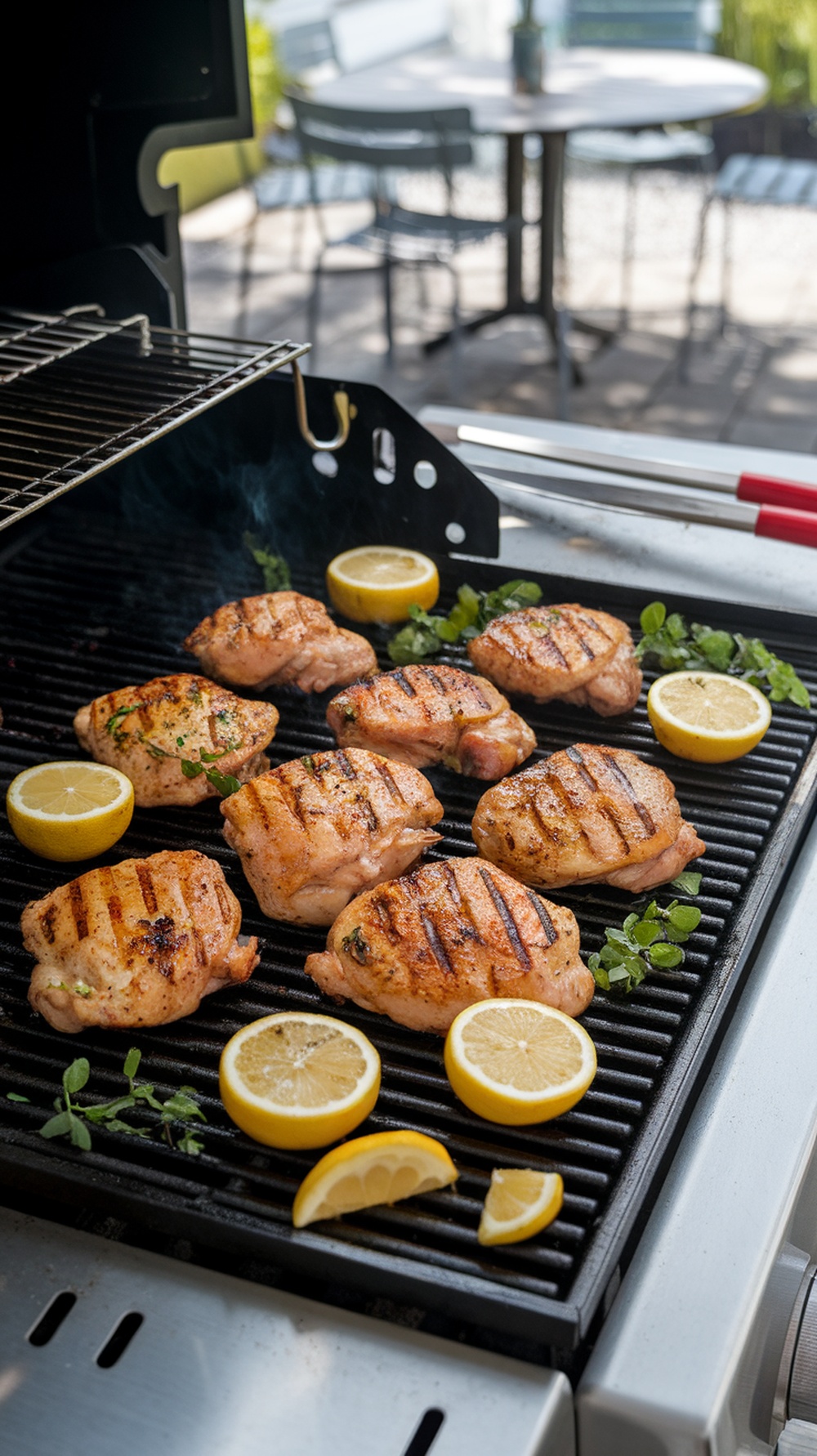 Plate of grilled chicken thighs with lemon slices