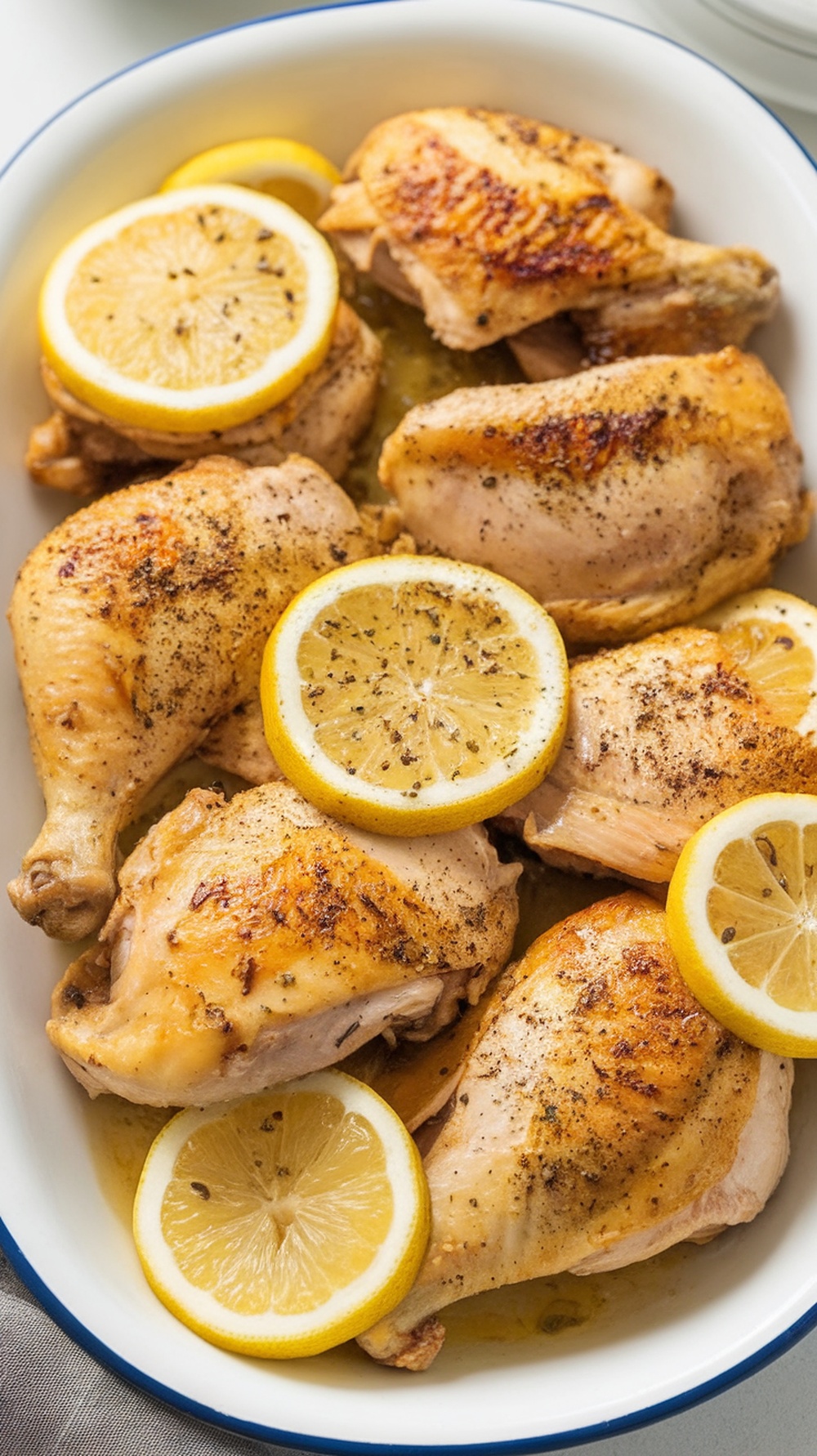 Lemon Pepper Roasted Chicken served with lemon slices.