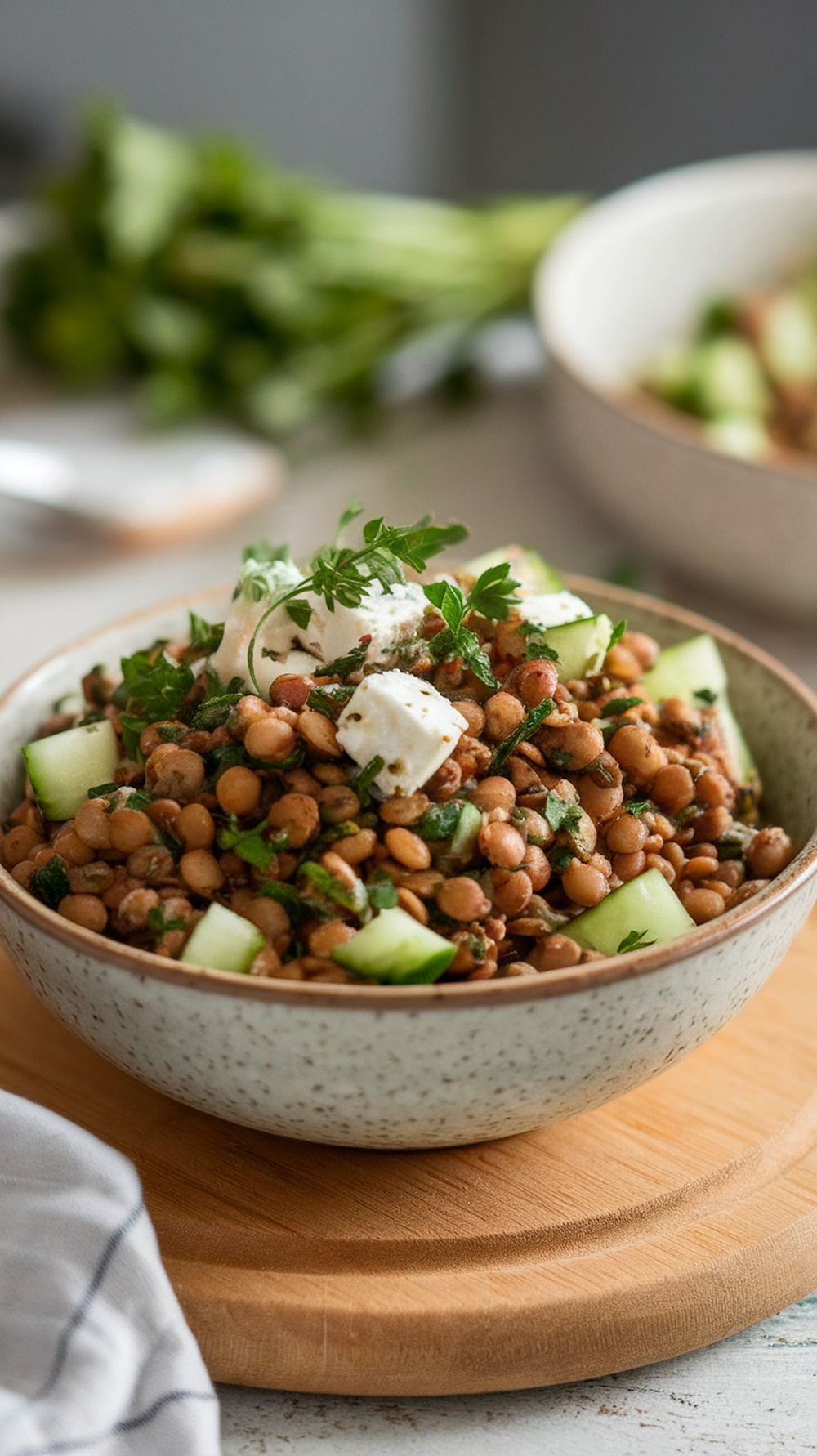Lentil and feta salad in a bowl, garnished with cucumber and parsley.