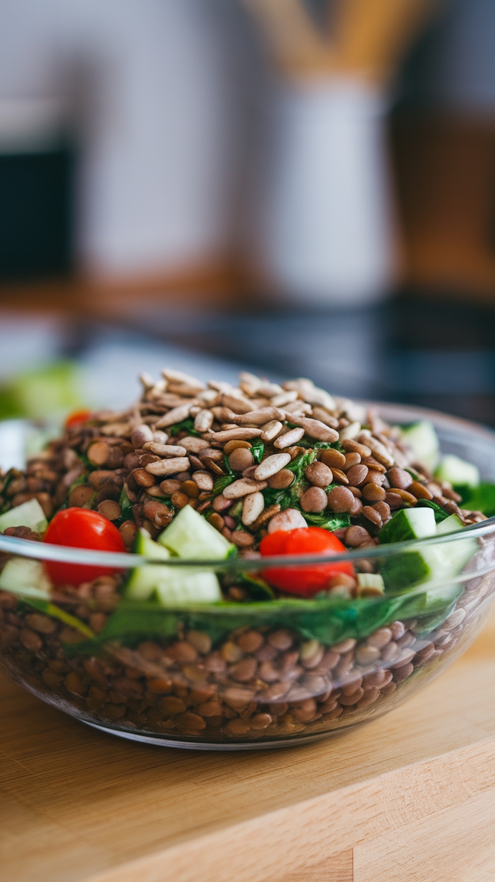 A colorful and crunchy lentil and spinach salad in a glass bowl.
