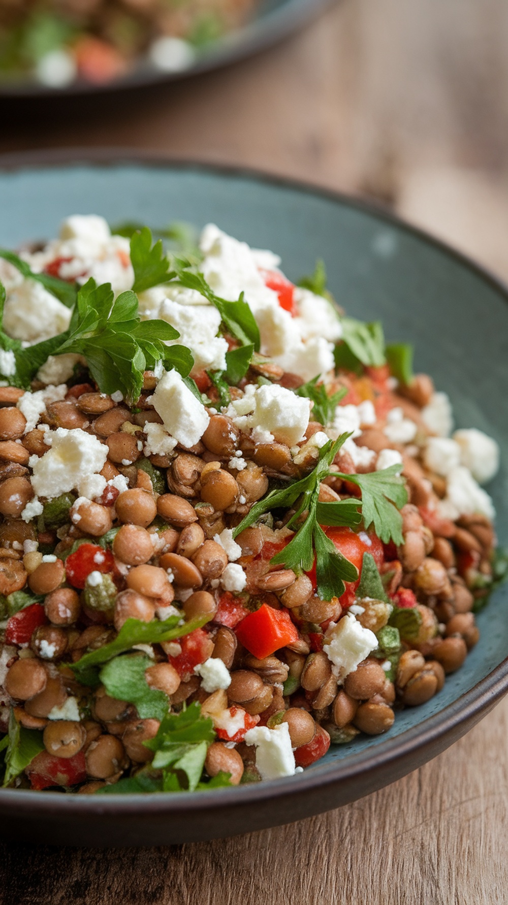 A vibrant lentil salad topped with feta cheese and fresh herbs.