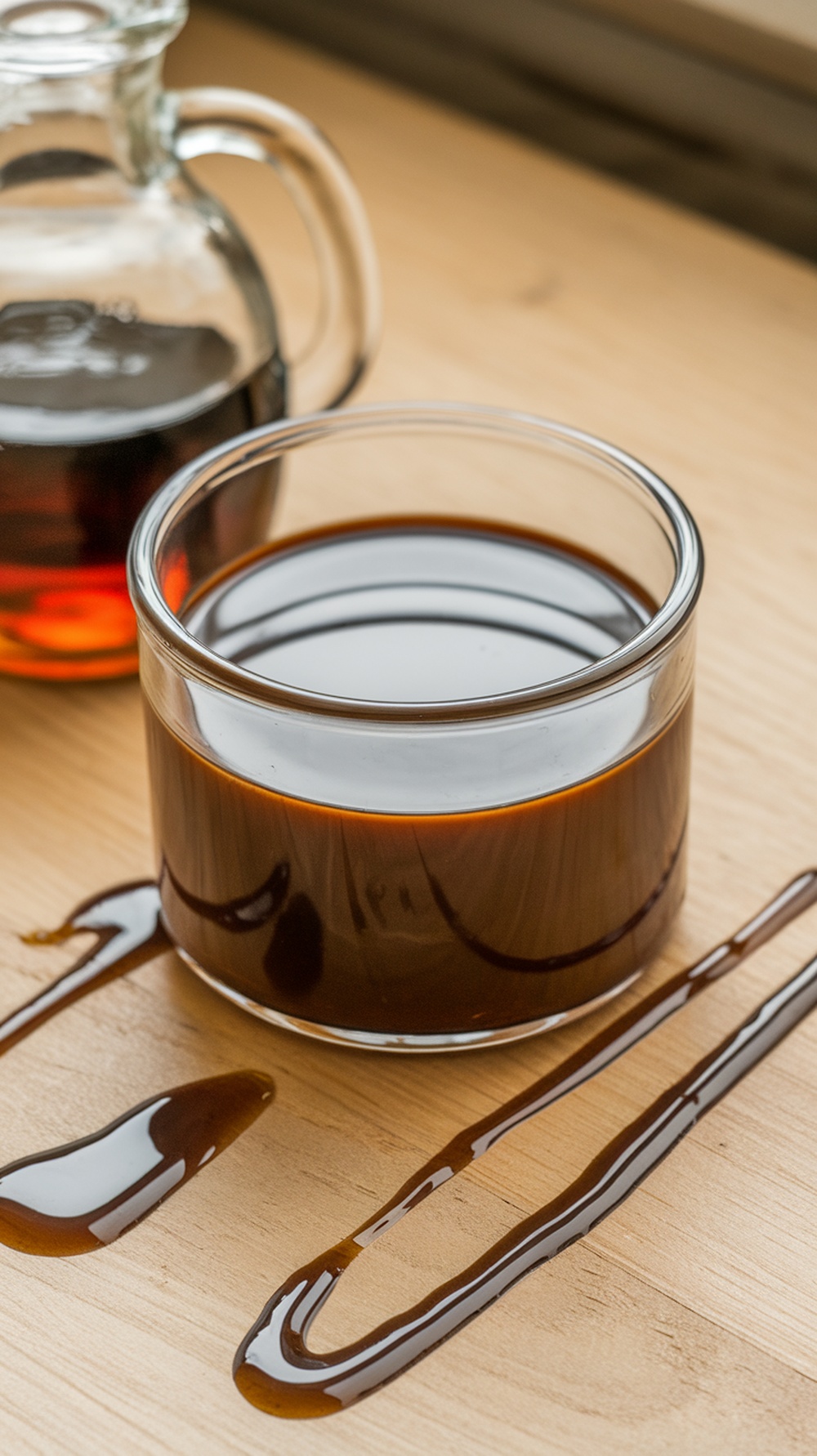A jar of maple balsamic dressing in a glass container