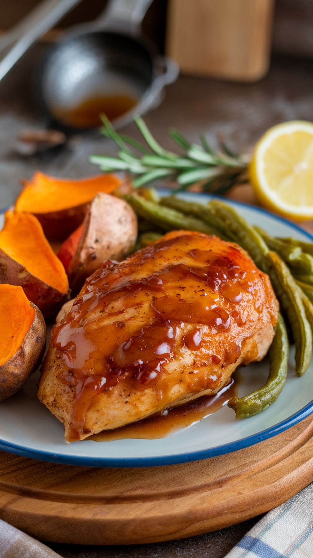 A delicious plate of maple glazed baked chicken served with sweet potatoes and green beans.