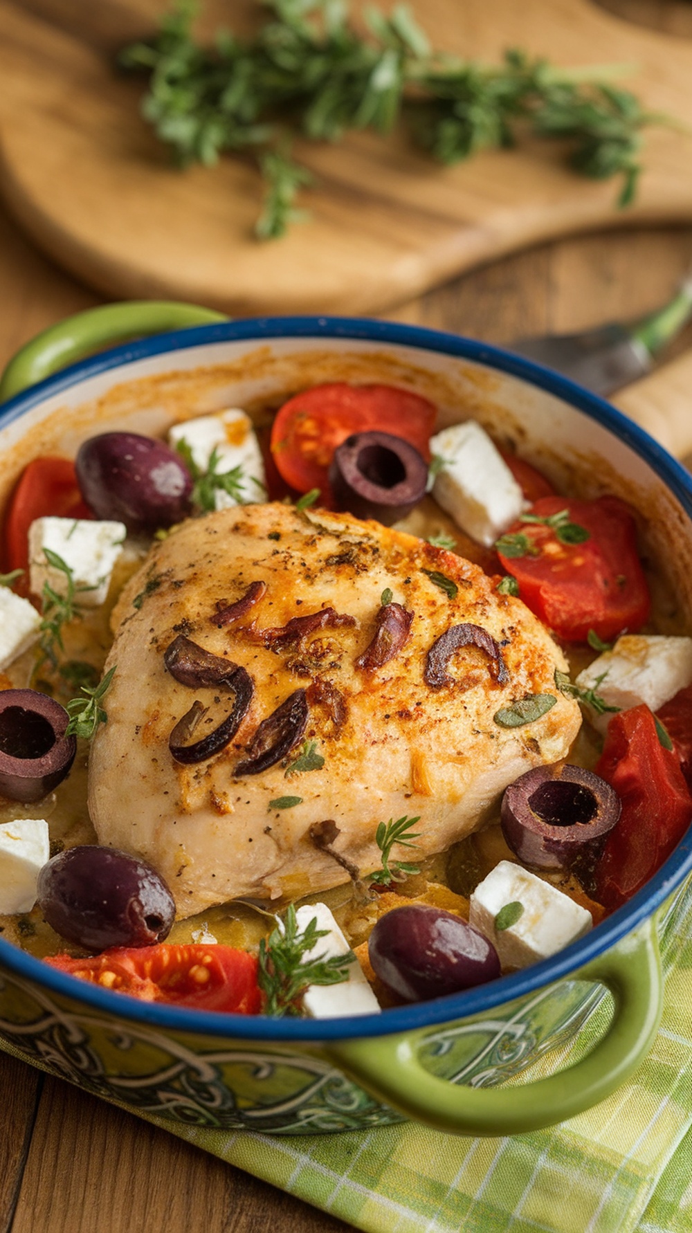 A Mediterranean Chicken and Feta Bake with chicken, feta cheese, tomatoes, and olives in a colorful dish.