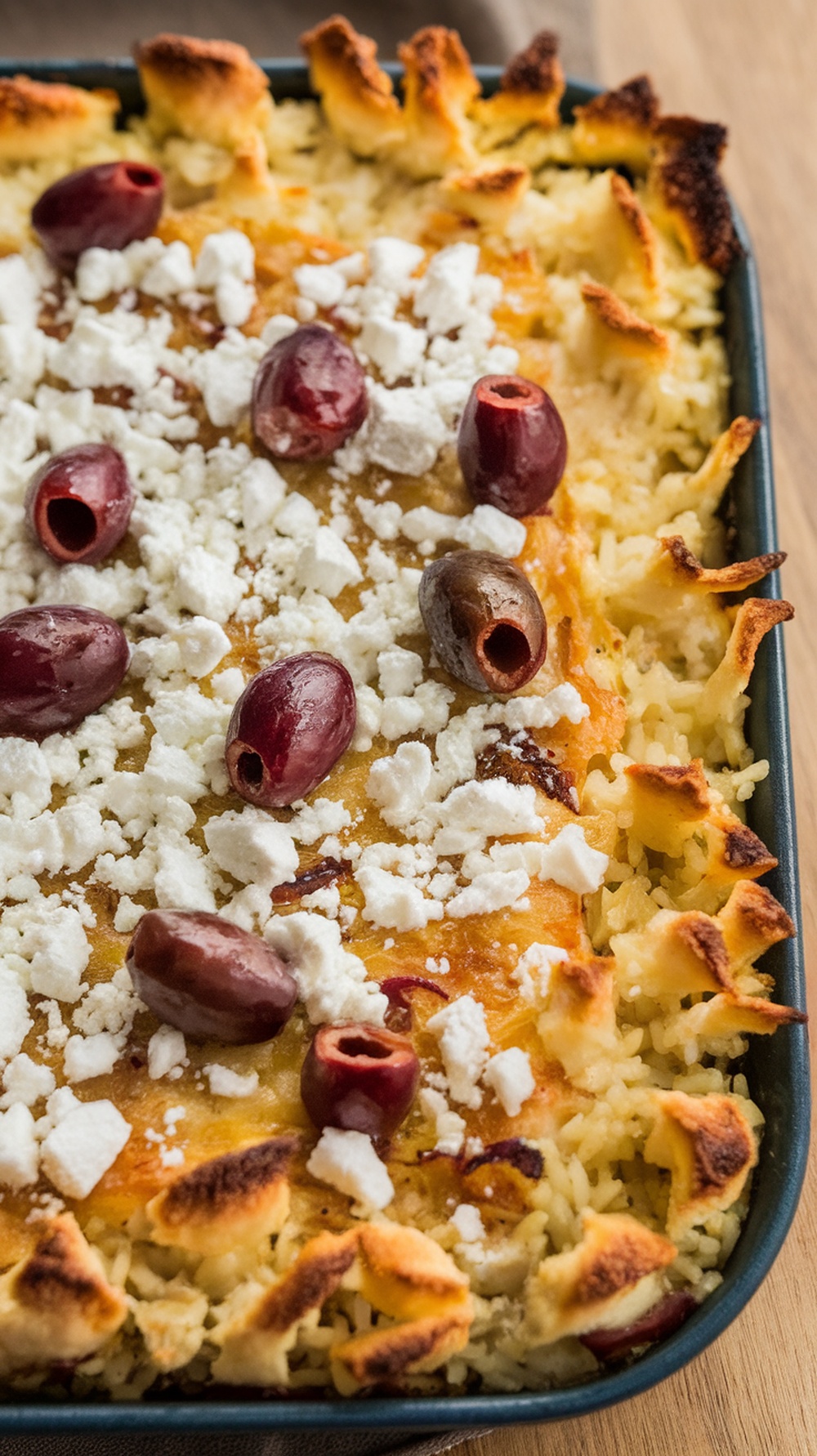 A delicious Mediterranean Chicken and Rice Casserole with olives and feta cheese on top