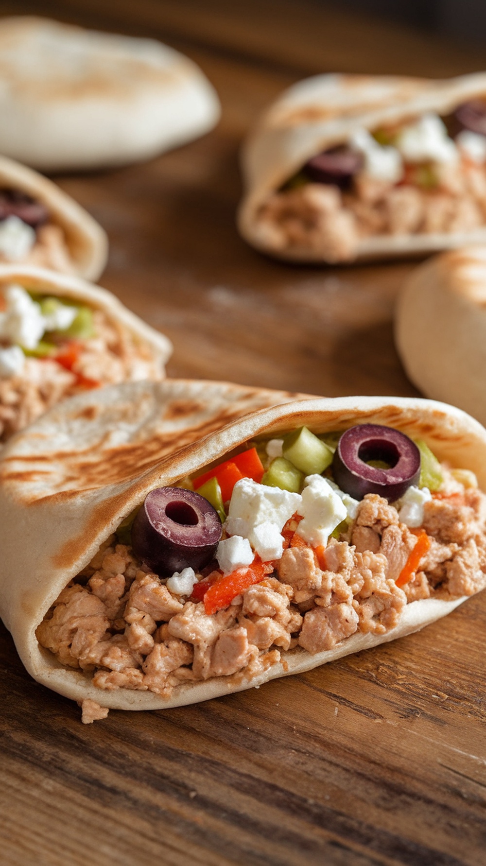 Mediterranean Chicken Pita Pockets filled with ground chicken, vegetables, and feta cheese.