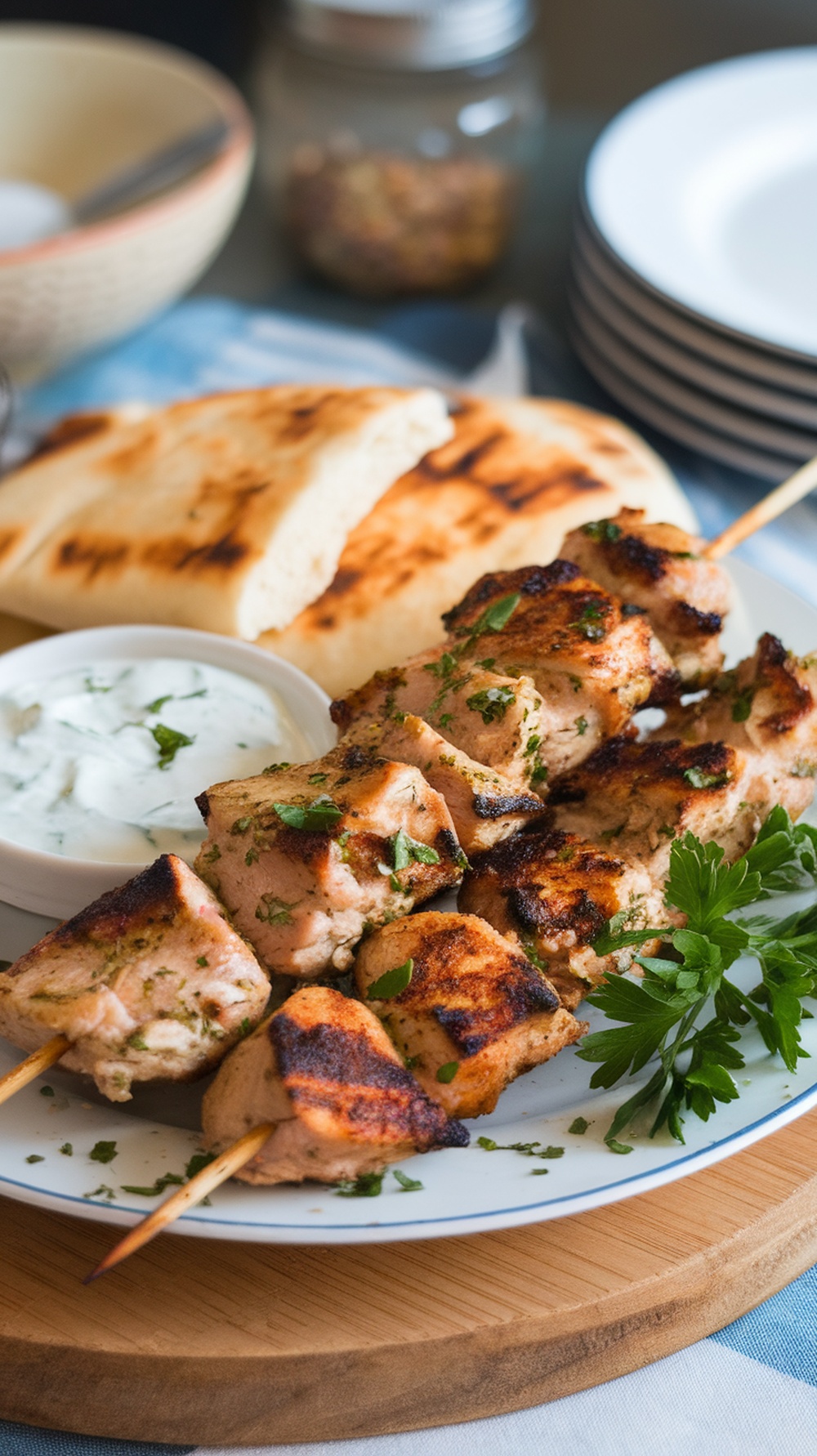 Plate of Mediterranean chicken skewers with pita bread and yogurt sauce