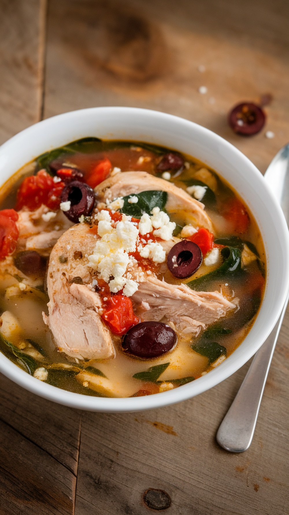 A bowl of Mediterranean chicken soup with chicken, spinach, olives, and tomatoes.