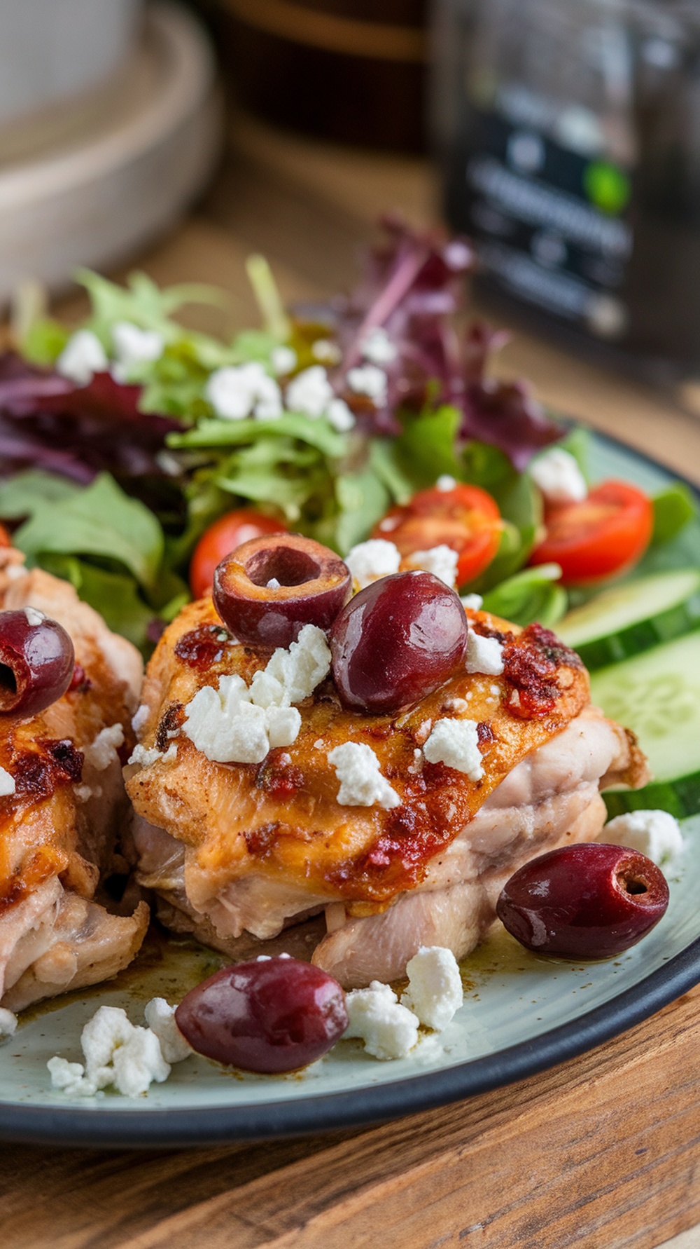 Mediterranean chicken thighs with olives and feta served with a fresh salad
