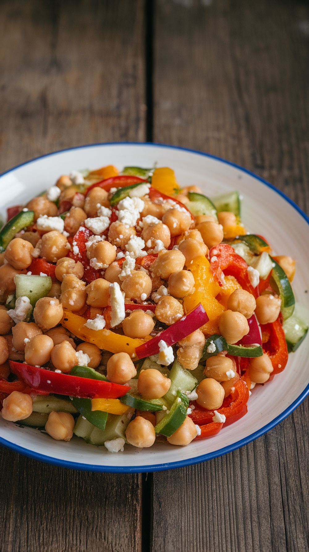 A colorful Mediterranean Chickpea Crunch Salad featuring chickpeas, bell peppers, cucumbers, and feta cheese.