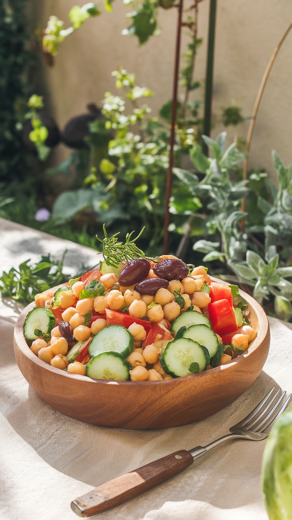 A bowl of Mediterranean Chickpea Salad with fresh vegetables and chickpeas.