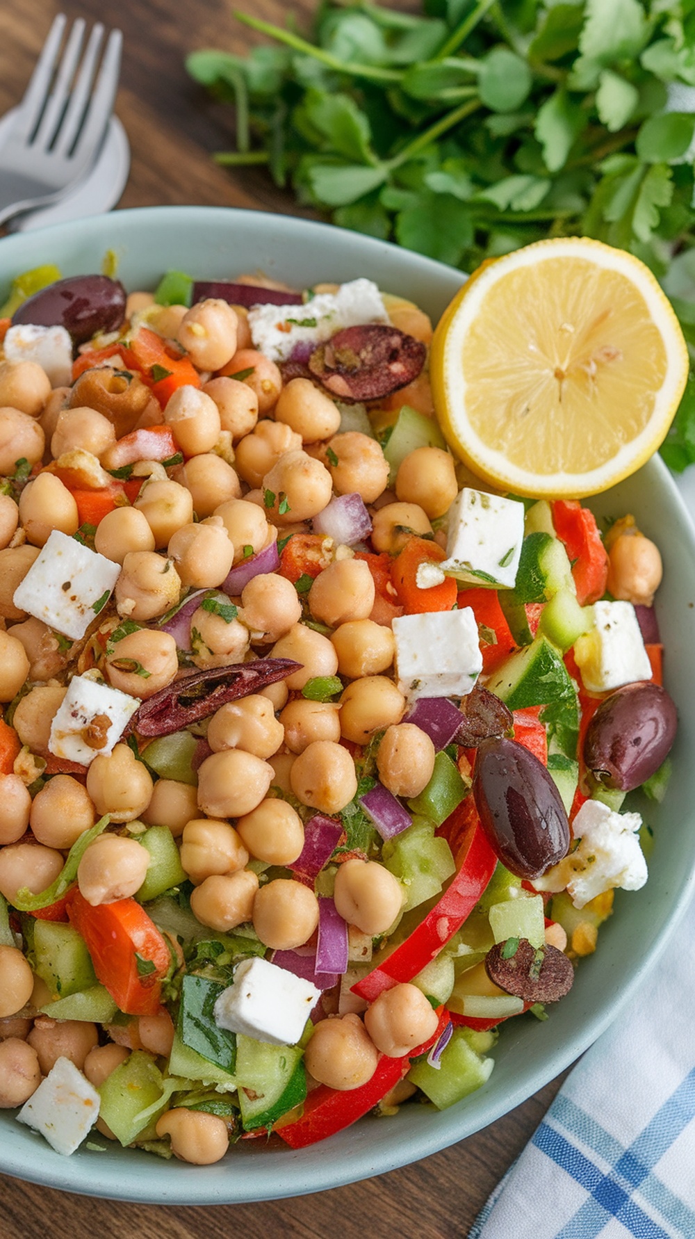 A bowl of Mediterranean Chickpea Salad with fresh vegetables and feta cheese.