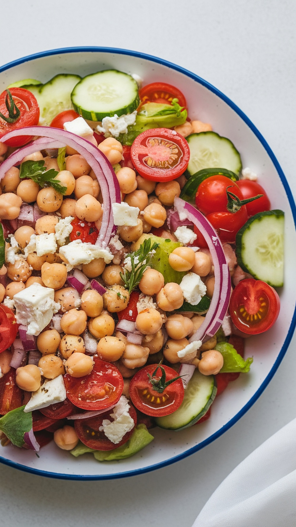 Mediterranean Chickpea Salad with tomatoes, cucumbers, onions, and feta cheese.