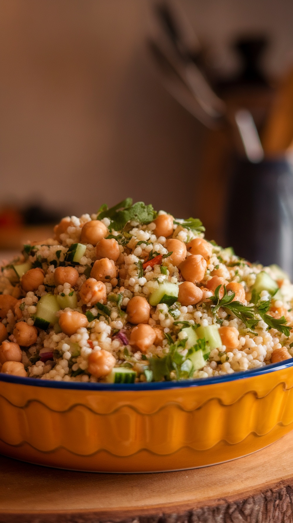 A vibrant Mediterranean Couscous Salad featuring chickpeas, cucumbers, and fresh herbs.