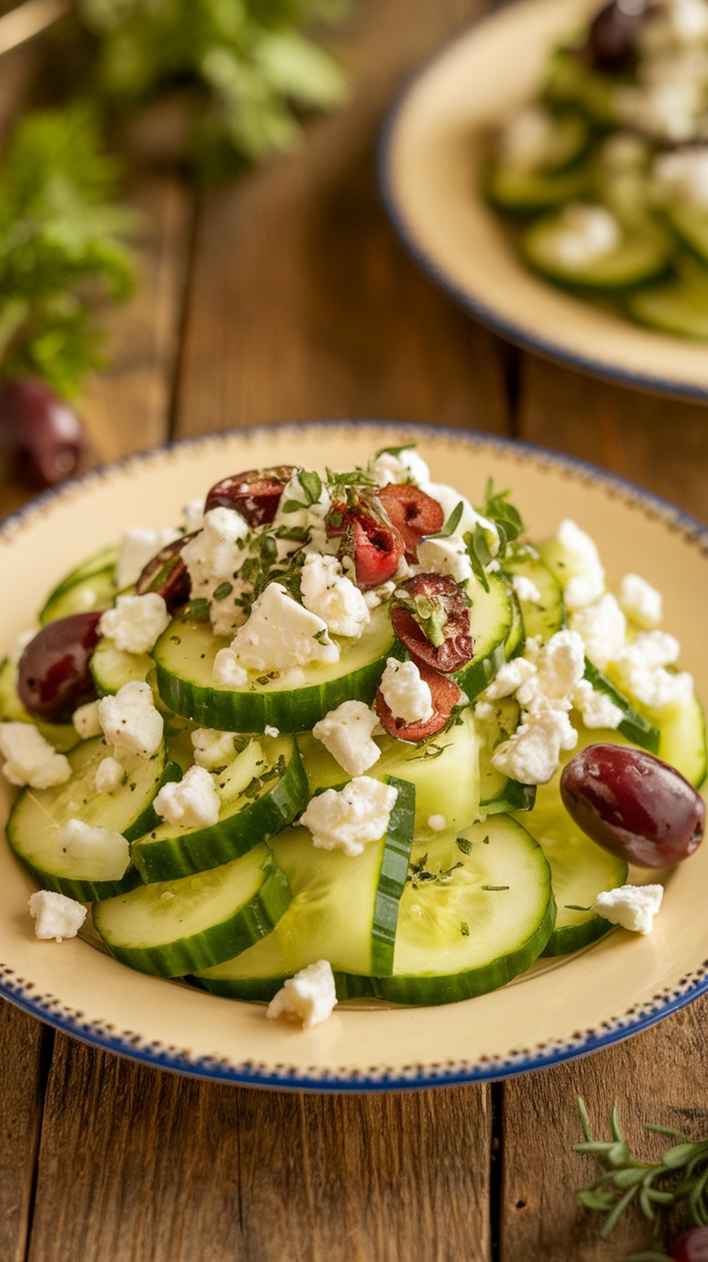A plate of Mediterranean cucumber salad with feta cheese, olives, and herbs.