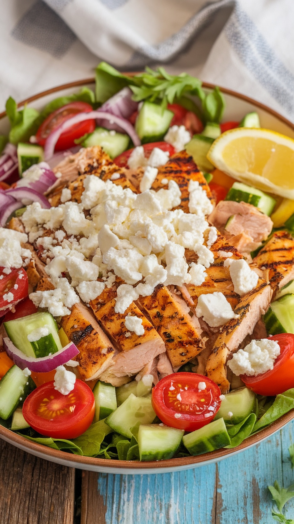 A bowl of Mediterranean grilled chicken salad featuring sliced grilled chicken, fresh vegetables, and feta cheese.