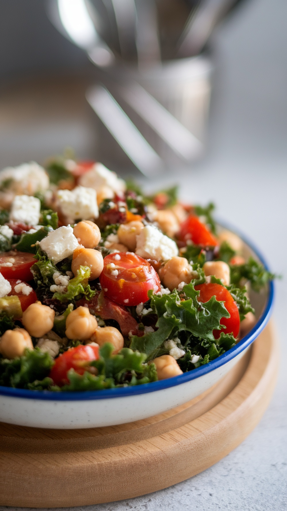 A colorful Mediterranean kale salad with chickpeas, cherry tomatoes, feta, and a light dressing.