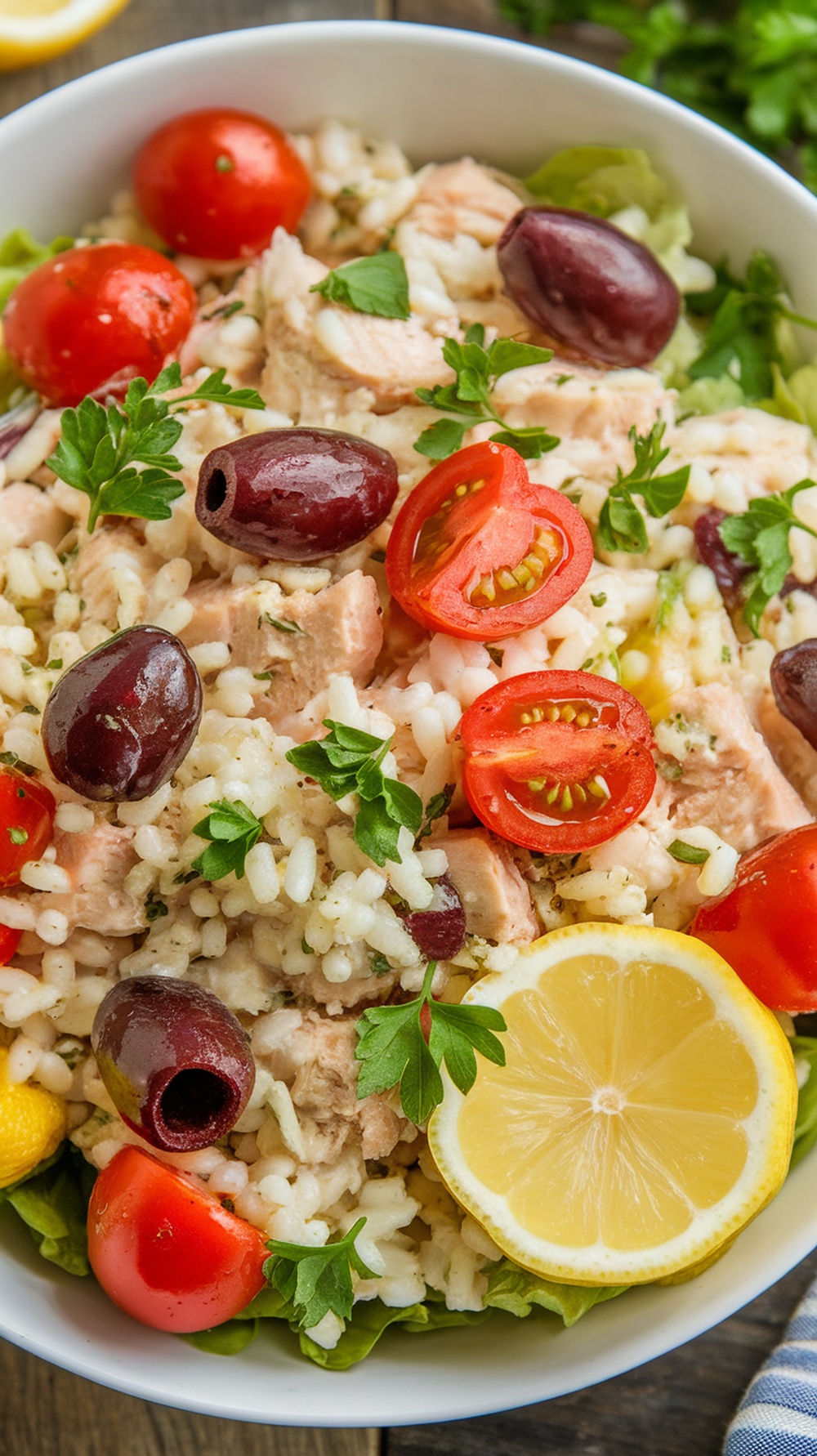 Mediterranean Lemon Chicken Rice Salad with tomatoes, olives, and lemon