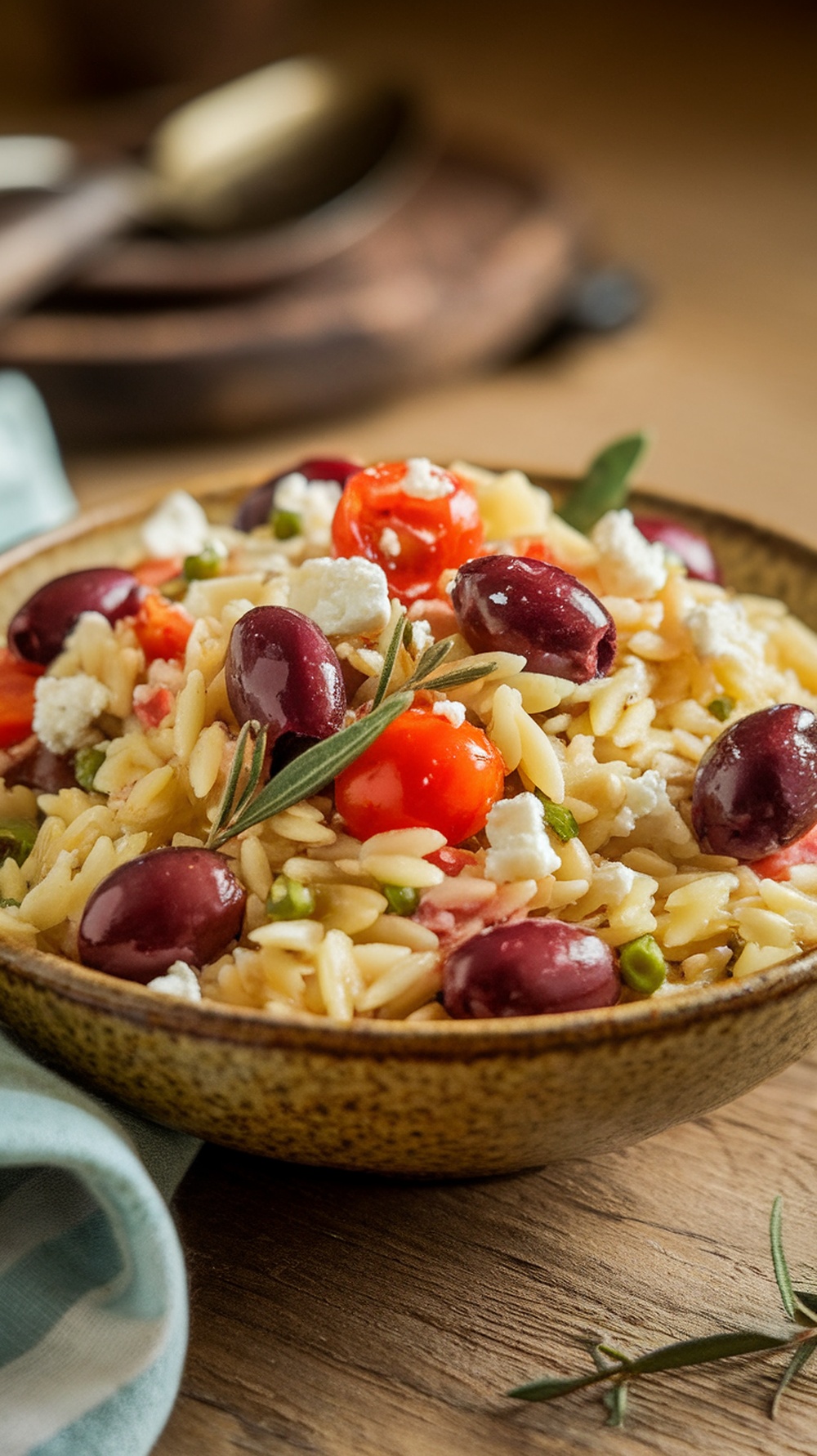Mediterranean Orzo Salad with Feta in a bowl