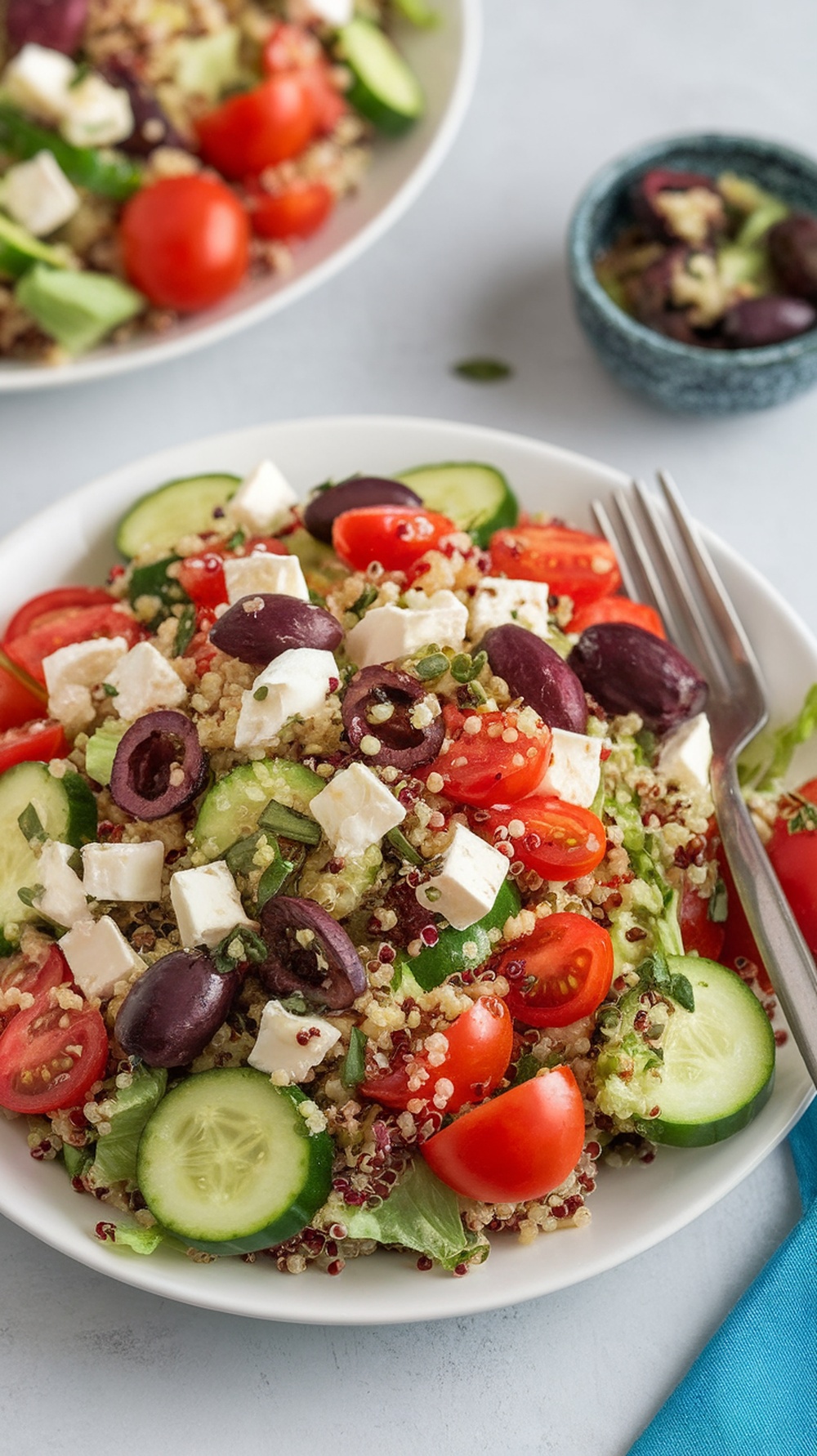 A vibrant Mediterranean quinoa salad with cucumbers, tomatoes, olives, and feta cheese.