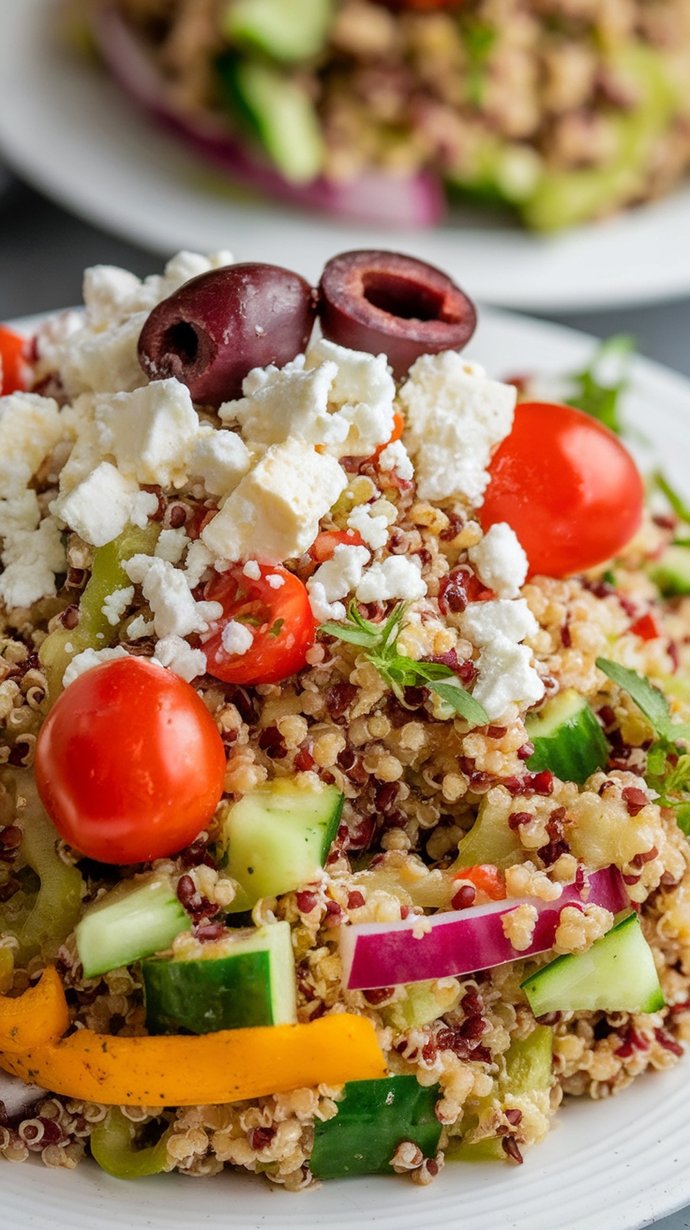 A colorful Mediterranean quinoa salad with feta, cherry tomatoes, cucumbers, and olives.