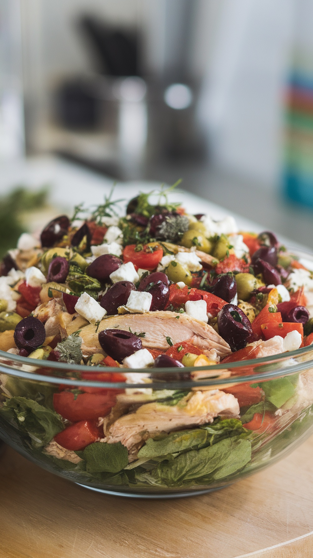 A bowl of Mediterranean Rotisserie Chicken Salad with greens, olives, tomatoes, and feta cheese.