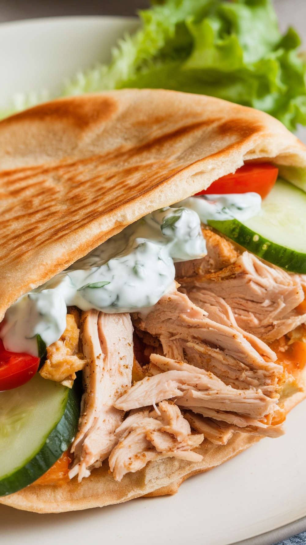 Mediterranean Shredded Chicken Pita with fresh vegetables and yogurt sauce