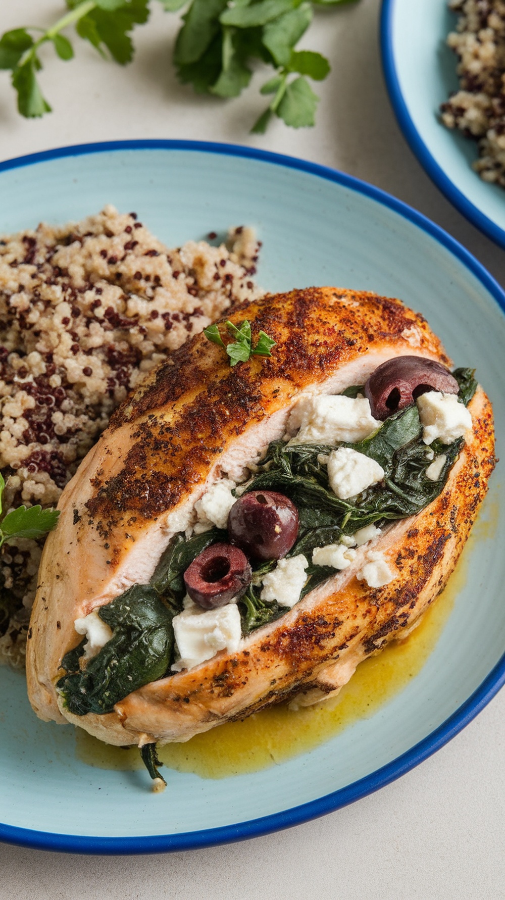 Mediterranean stuffed chicken breast served with quinoa