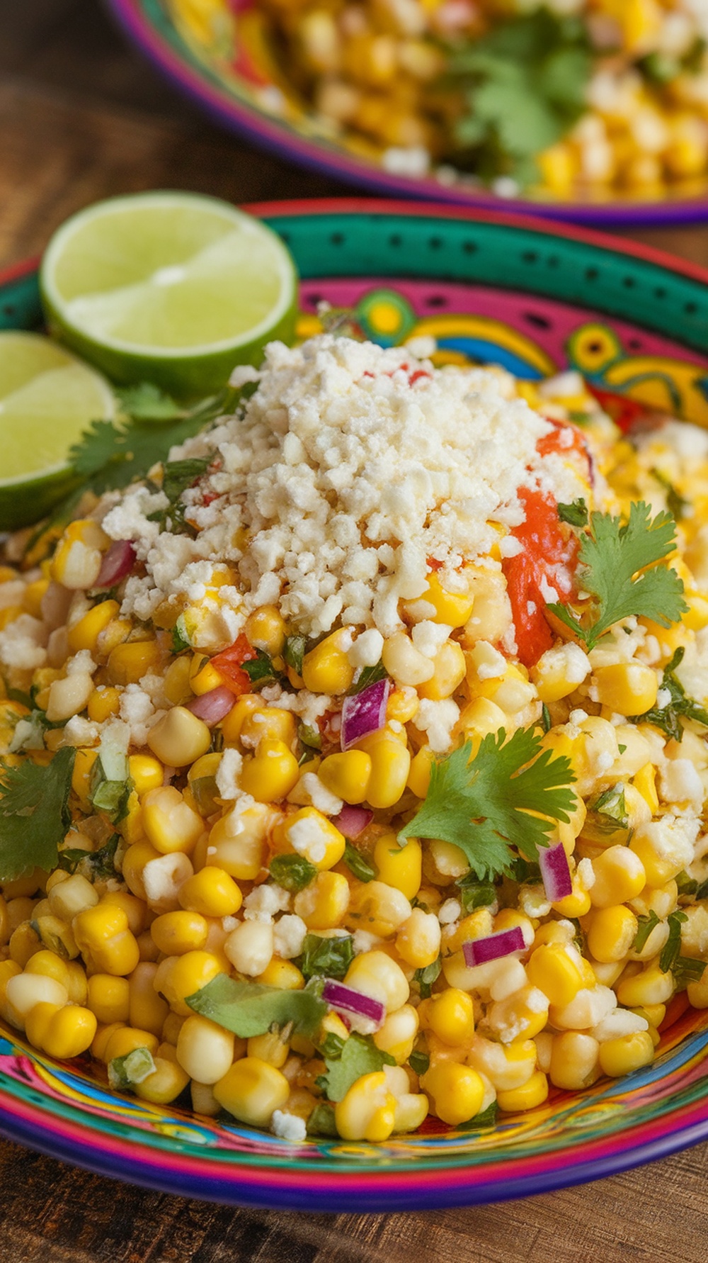 Mexican Street Corn Salad served in a colorful bowl with lime wedges